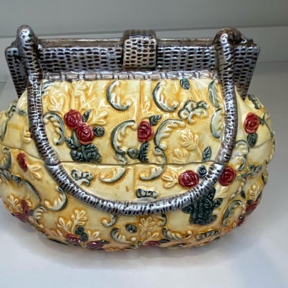 Vtg Porcelain Purse Shaped Cookie Jar Yellow, Green, Silver and Red - Picture 2 of 14